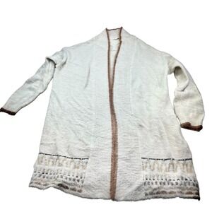 Mystree Cardigan Women Size M Cream Brown Tribal Eyelash Knit Open Front Sweater